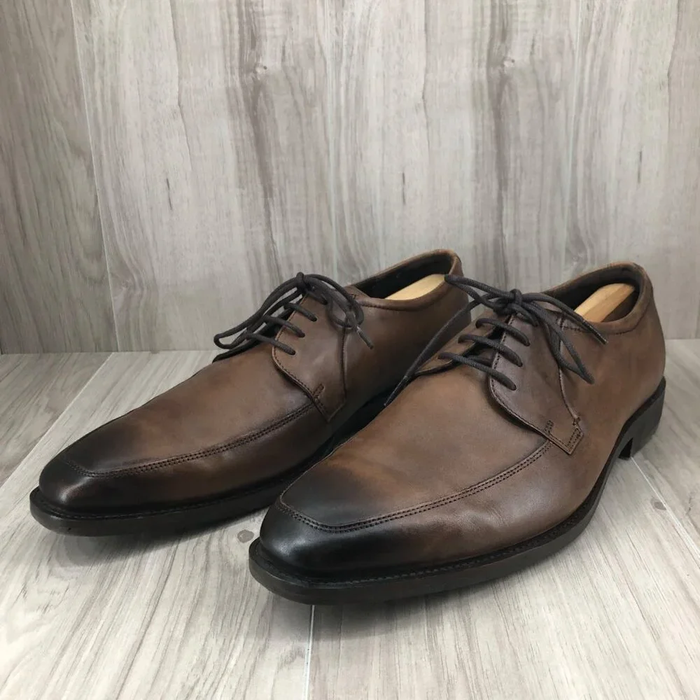 Ecco Shoes Mens 13 Calcan Apron Toe Brown Leather Lace Up Derby Oxfords